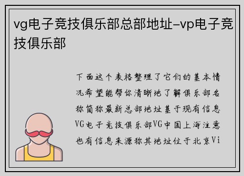 vg电子竞技俱乐部总部地址-vp电子竞技俱乐部