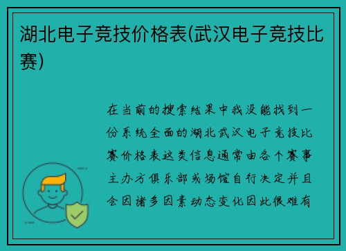 湖北电子竞技价格表(武汉电子竞技比赛)